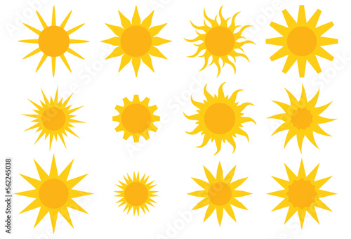Big collection of yellow geometric flat style sun icons, symbols isolated on white background. Sunlight stickers set.