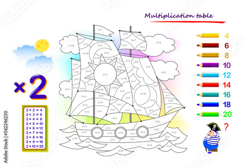 Multiplication table by 2 for kids. Math education. Coloring book. Solve examples and paint the sailboat. Logic puzzle game. Worksheet for children school textbook. Play online. Memory training.