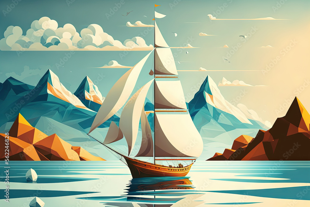 Stunning view of a sailboat in the sea with white sails. Generative AI