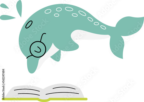 Funny dolphin in glasses read book flat icon