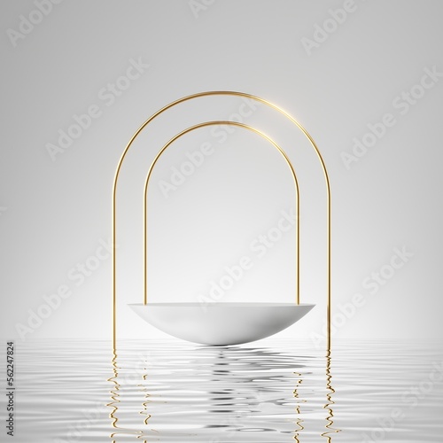 3d render, abstract minimalist white background with empty hemispheric stage for product presentation, golden round arches and reflection in the water