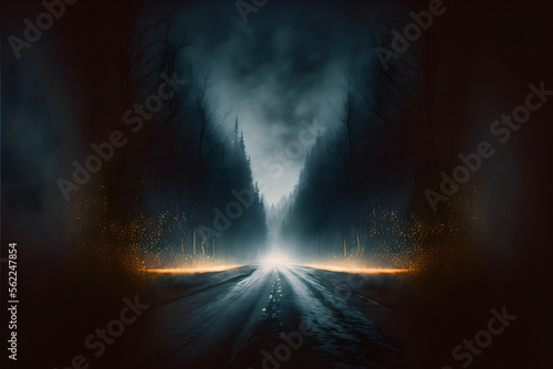 Illustration of dark road at scary forest under clouds of fog. A scene from a horror movie, smoke, mist. Autumn night. Bare tree, fright, magical realism. Fear concept.