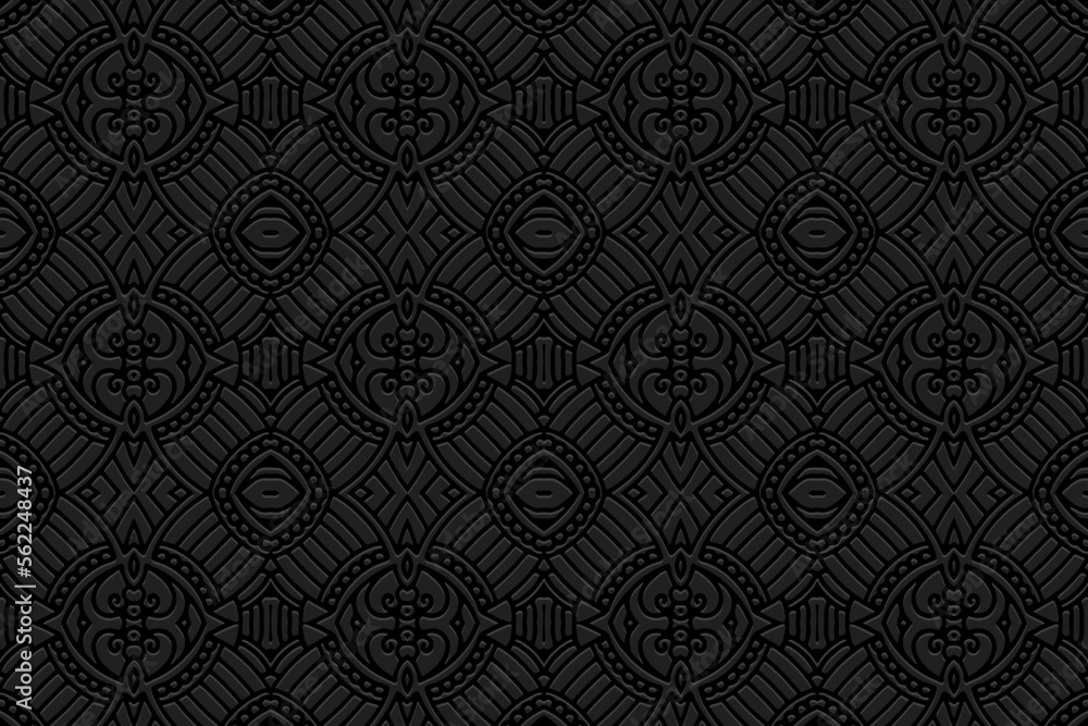 Embossed black background, ethnic cover design. Press paper, boho style. Geometric trendy exotic 3d pattern. Tribal ornamental motifs of the East, Asia, India, Mexico, Aztecs, Peru.