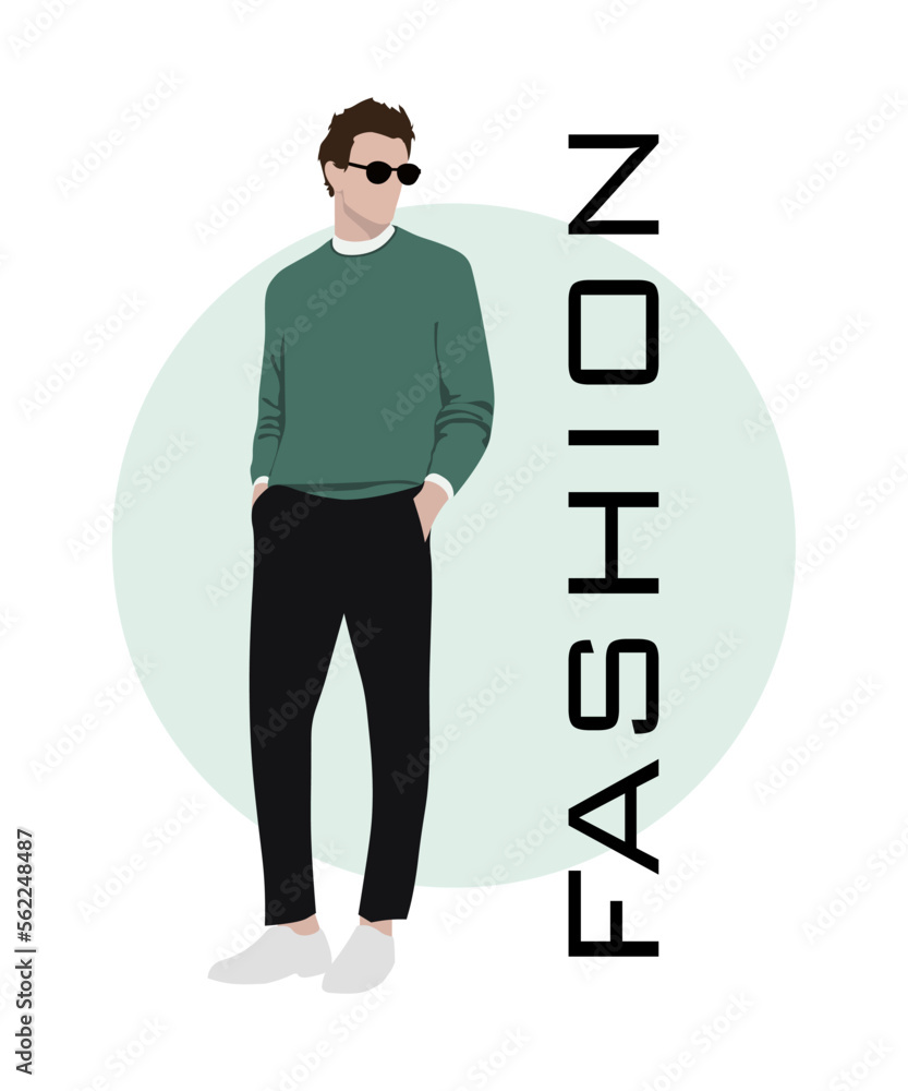 Stylish man in a flat style on an interesting and stylish background with the inscription fashion. Man in fashionable clothes. Stylish man in a flat style on an interesting and stylish background with the inscription fashion. Man in fashionable clothes.