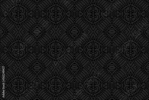 Embossed black background, ethnic cover design. Press paper, boho style. Geometric trendy exotic 3d pattern. Tribal ornamental motifs of the East, Asia, India, Mexico, Aztecs, Peru.