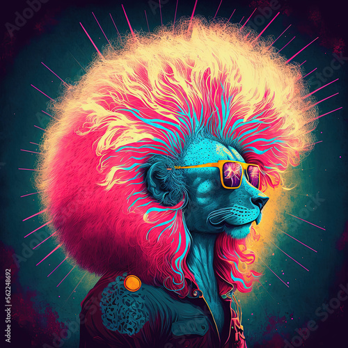 Cool neon party lion with mohawk hairstyle. Generative AI Not based on photo