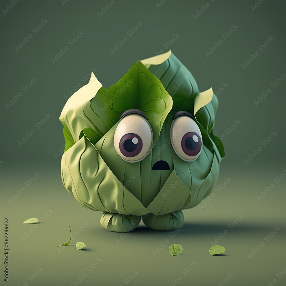 Fototapeta premium Cute Cartoon Cabbage Character (Generative AI)