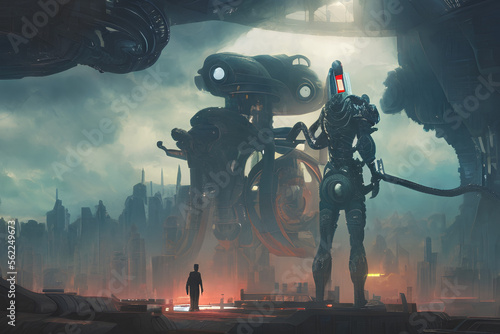 futuristic creature and man standing and facing big robot in futuristic city, digital art style, illustration painting