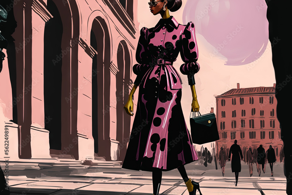 Street style woman in Milan, Italy, on February 24, 2022, sporting a puffy sleeved midi dress, high waisted black flared slacks, a pink leather bag with a crocodile print, and black shining leather he