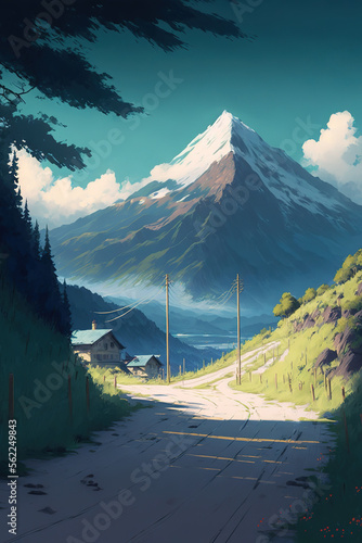 mountain scene with a dirt road in the foreground, scenery, art illustration © Oleksandr