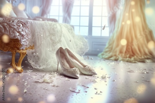 Beautiful lace shoes and wedding dress, bokeh. Generative AI
