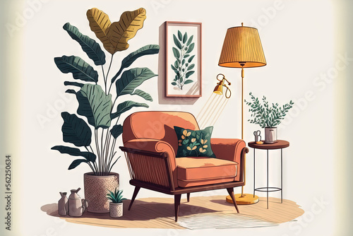 Interior design of aesthetic and minimalist living room with boucle armchair, wooden coffee table, pedant lamp, beautiful leafs in vase, decoration and personal accessories. Copy space. Home decor © AkuAku