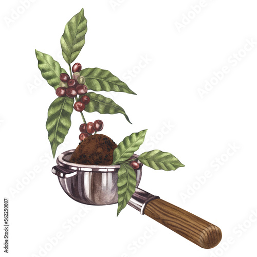 Watercolor coffee portafilter and red arabica beans on branch with berries. Hand-drawn illustration isolated on white background. Perfect food menu, concept for cafe, restaurant element, cooking photo