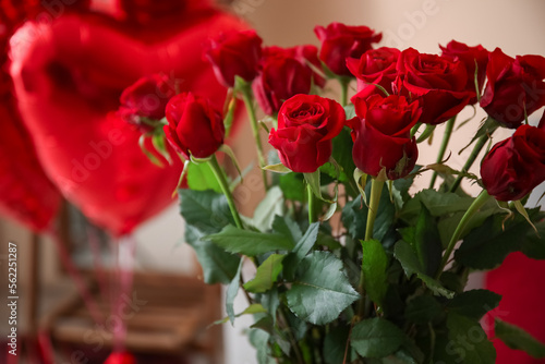 Red roses for Valentine s Day in living room  closeup