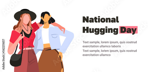Happy National Hugging Day. Portrait of two happy young  girlfriends in casual clothing hugging each other. Modern vector illustration concept for website development, social media, template web.
