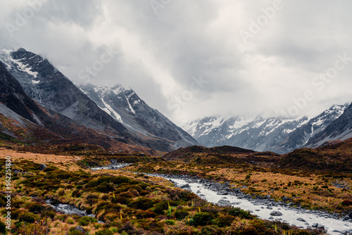 Beautiful Glacial Stream Flowing Mountain Landscape in Mount Cook National Park, New Zealand