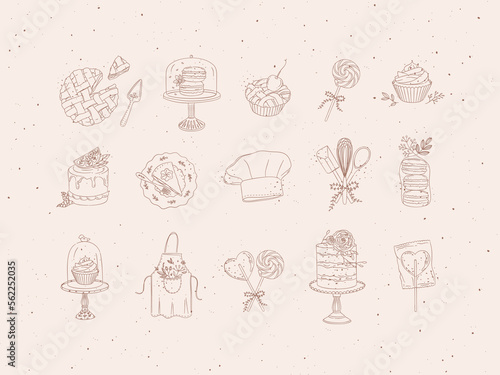 Bakery desserts and kitchen appliances in hand drawing style on coffee background.