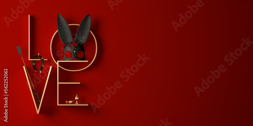 Creative 3D render illustration with BDSM elements: a bunny mask, a leather whip, anal plugs and a collar with spikes. photo