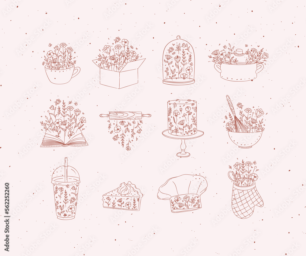Sweets cooking appliances with flowers in hand drawing style on peach background