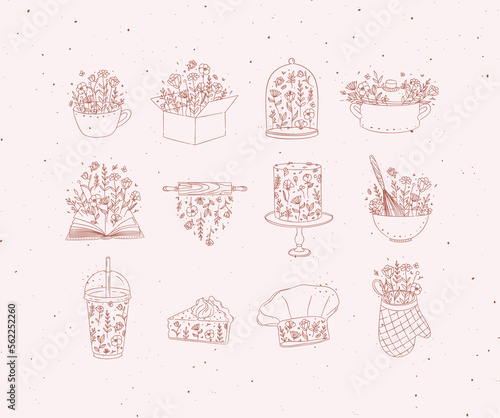 Obraz na płótnie Sweets cooking appliances with flowers in hand drawing style on peach background w salonie