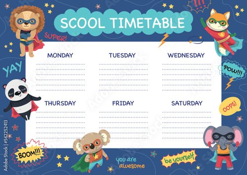 School timetable design. School supplies, education and training, schedule and time management. Superheroes animals, imagination and fantasy. Poster or banner. Cartoon flat vector illustration