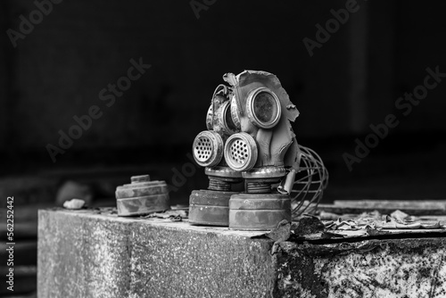 Old soviet gas masks in abandoned building at the Chernobyl exclusion zone, Ukraine photo