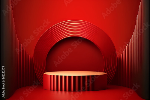 3D Red Blank Product display Stage with the podium, empty Background, circle center, expensive, Empty sales showcase for selling luxurious products businesses, geometric platform scene