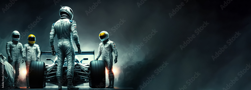 Professional pit crew ready for action as their team's race car arrives in the pit lane during a pitsstop of a car race, concept of ultimate teamwork with copy space. digital art
 - obrazy, fototapety, plakaty 