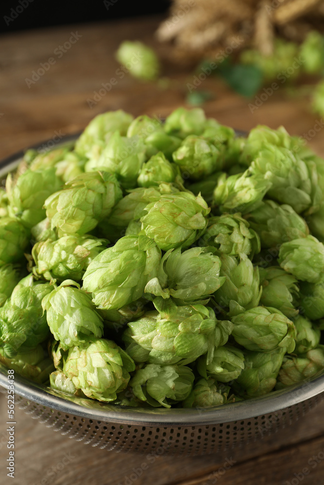 Fresh green hops in sieve on wooden table, closeup Fresh green hops in sieve on wooden table, closeup