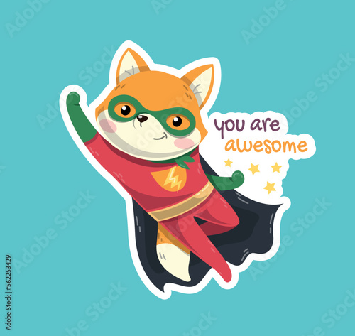 Cute superhero fox icon. Poster or banner for website. Animal in red suit and green mask flies. Positivity and optimism. Imagination and fantasy, fairy tale. Cartoon flat vector illustration