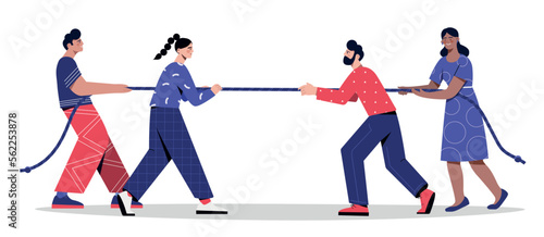 Tug of war. Man and woman pulling rope. Competition and sport, active lifestyle. Poster or banner for website. Entertainment, game and play. Interaction and team. Cartoon flat vector illustration