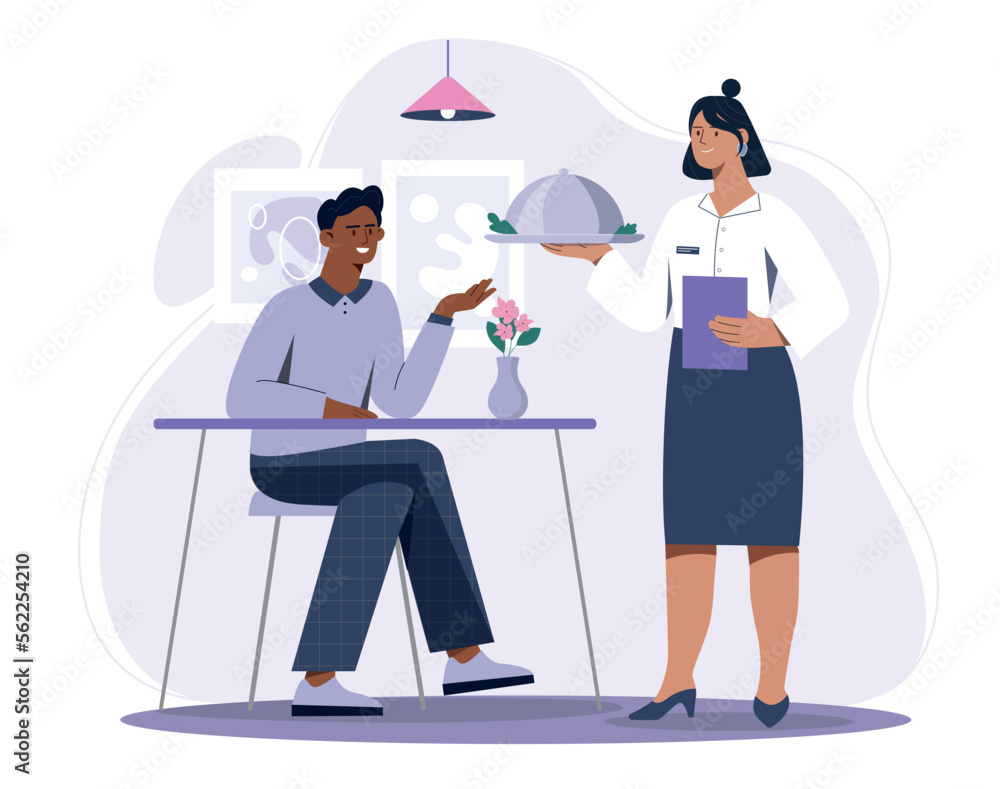 Waiter at cafe concept. Small business owner of restaurant. Client receives ordered dish, quality service. Poster or banner for website. Comfort and coziness. Cartoon flat vector illustration
