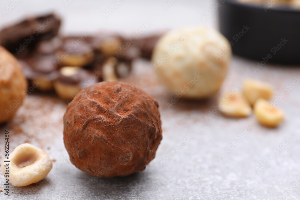 Tasty chocolate candy on light grey table, closeup. Space for text Tasty chocolate candy on light grey table, closeup. Space for text