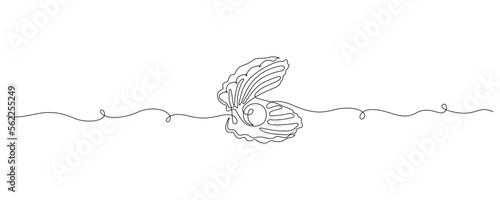 Continuous one line drawing of open oyster shell with pearl. Seashell symbol and banner of beauty spa and wellness salon in simple linear style. Editable stroke. Outline Vector illustration