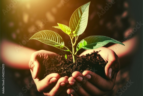 Nurturing the Future: Hands Holding and Caring for a Green Young Plant, Symbolizing Growth and Promise (ai generated)