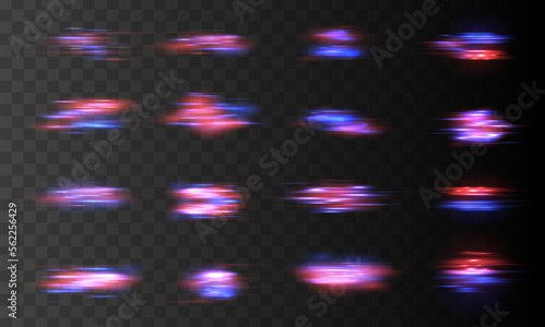 Magic moving fast speed police lines. Red, blue glowing neon lights line. Particle motion light effect. Abstract fire flare trace lens flares. Luminous shining stripes on transparent background vector