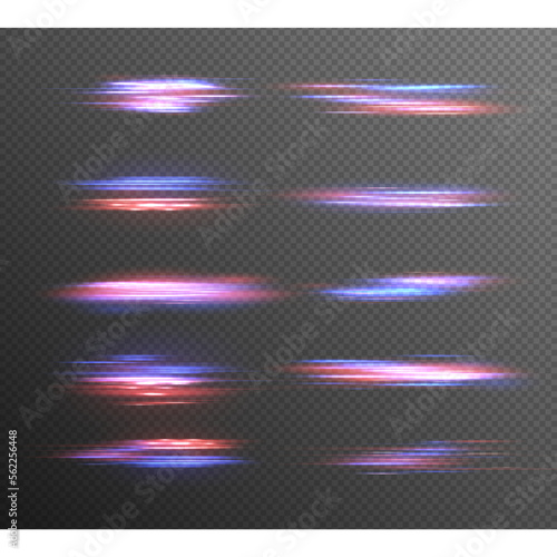 Magic moving fast speed police lines. Red, blue glowing neon lights line. Particle motion light effect. Abstract fire flare trace lens flares. Luminous shining stripes on transparent background vector