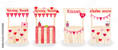 Kissing booth. Four decorative decorated kissing booths. Set of wooden decorations for celebrating birthday, wedding, Happy Valentine's Day. Vector illustration.