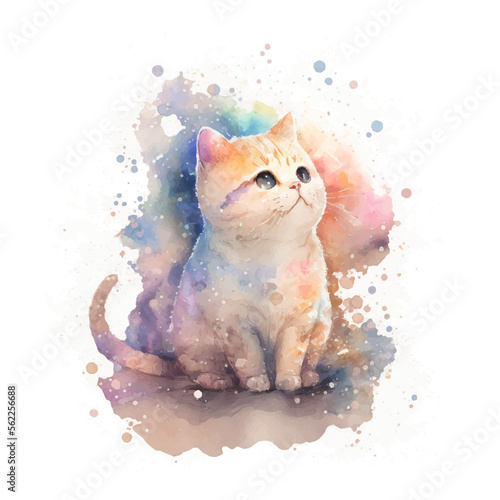 fluffy yellow tabby kitten looking up, watercolor illustration for pet shop and veterinary clinics and for cat lovers