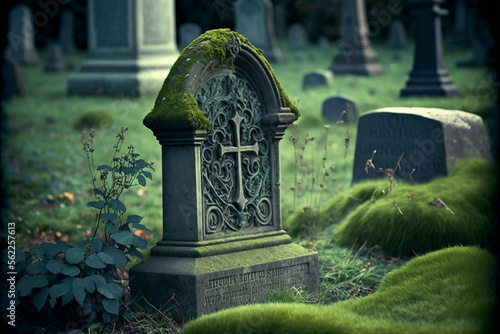 Slika na platnu Graveyard tombstone in a cemetery, ornate and engraved gravestone with cross cov