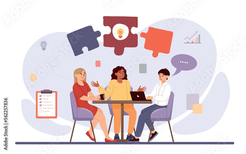 Cooperative teamwork concept. Man and women sit at table and discuss project. Brainstorming and insight, collaboration, teamwork and partnership, cooperation. Cartoon flat vector illustration