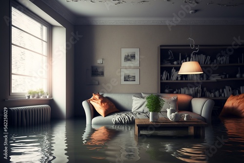 appartement moderne inondé avec de l'eau partout après de fortes pluie - illustration généré par IA photo