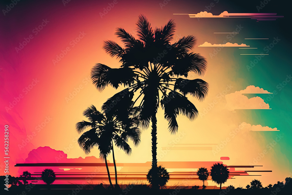 Tropical palm tree silhouette in shadow, lit by the sun against an ...