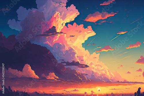 Evening Sky, Spectacular Sunset Dark clouds, a spectacular view of nature, and a colorful cloud background Summer sunset, lovely colors, an idyllic sky filled with clouds, and a calm sundown