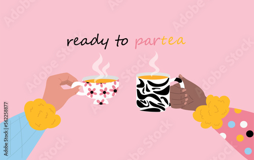 Hands hold cups. Mugs with hot drinks, coffee or tea. Design element for invitation and greeting postcard. Tasty liquid and beverage. Cafe or restaurant menu. Cartoon flat vector illustration