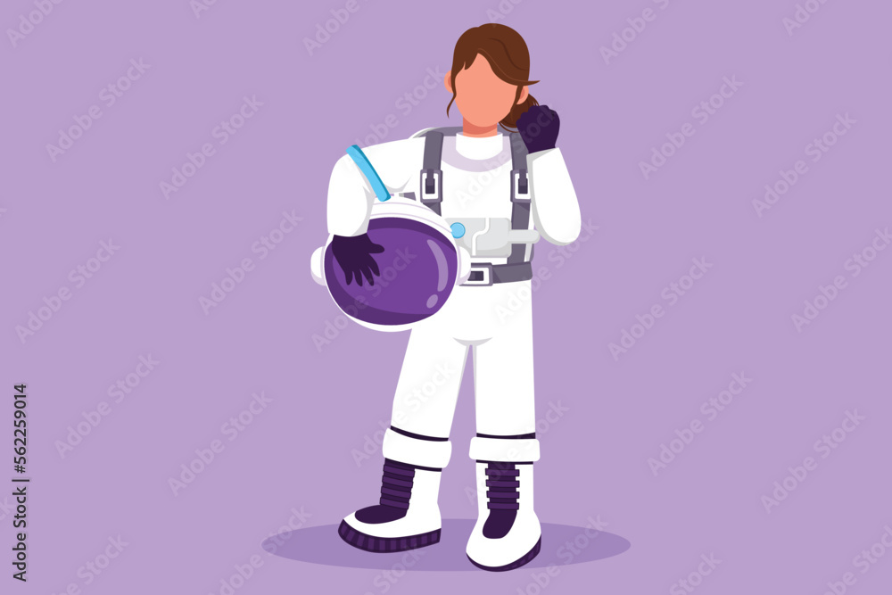 Graphic flat design drawing female astronaut standing with celebrate gesture wear spacesuit exploring earth, moon, other planet in universe. Start space expedition. Cartoon style vector illustration