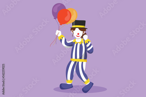 Character flat drawing female clown standing and holding balloons with celebrate gesture, wearing hat and clown costume ready to entertain audience in circus show. Cartoon design vector illustration