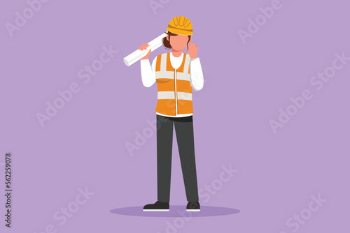 Graphic flat design drawing female architect standing holding roll of paper work with celebrate gesture and wearing helmet carrying blueprint for building work plan. Cartoon style vector illustration
