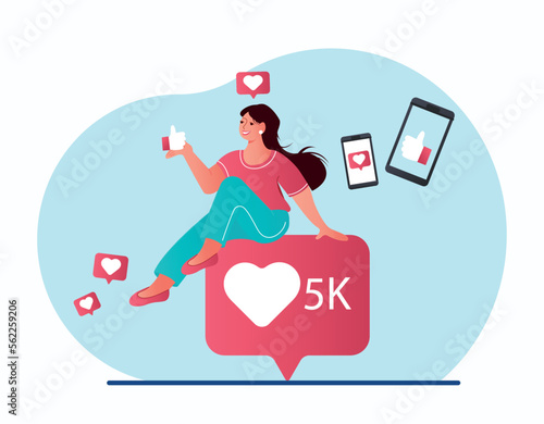 Woman with like. Reaction for instant messengers and social networks. Communication and interaction on Internet. Popular personality and famous blogger online. Cartoon flat vector illustration