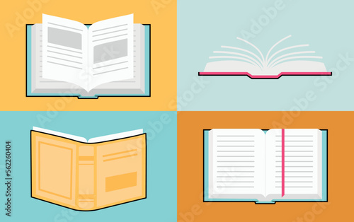 Open books set. Collection of posters and banners for website. Love for literature and education and learning, useful hobby. Cartoon flat vector illustrations isolated on colorful background
